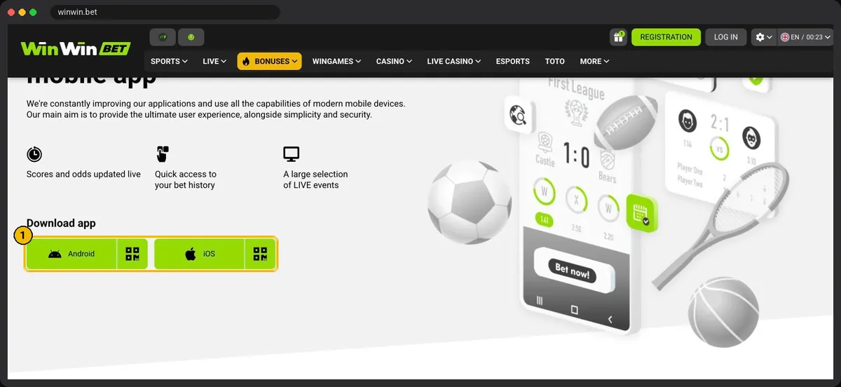 WinWinBet app download page with Android and iOS buttons and QR codes