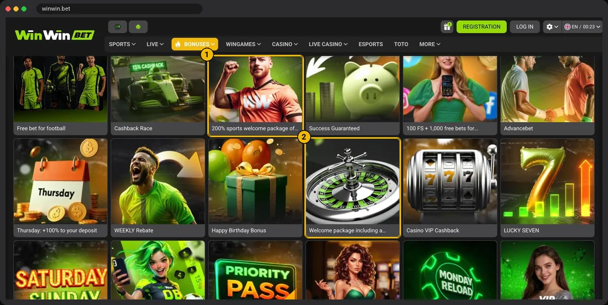 WinWinBet bonuses page showing the Promo code store tab next to cashback and promotions