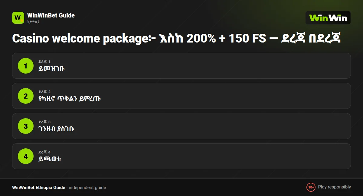 Casino welcome package፦ እስከ 200% + 150 FS — ደረጃ በደረጃ