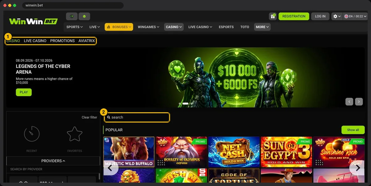 WinWinBet casino lobby with search, providers and popular slots