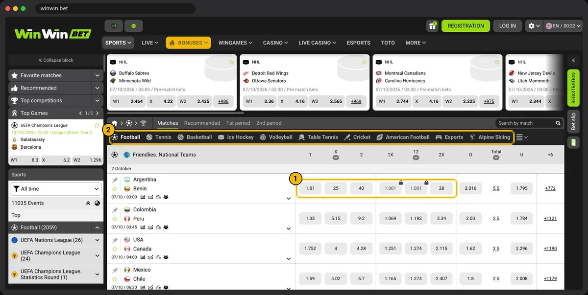 WinWinBet football betting line with 1X2 and double chance odds and bet slip