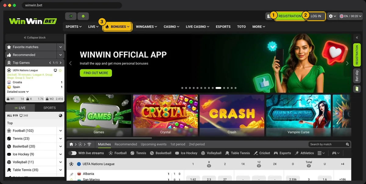 WinWinBet Ethiopia homepage with sports menu, promo slider and registration widget