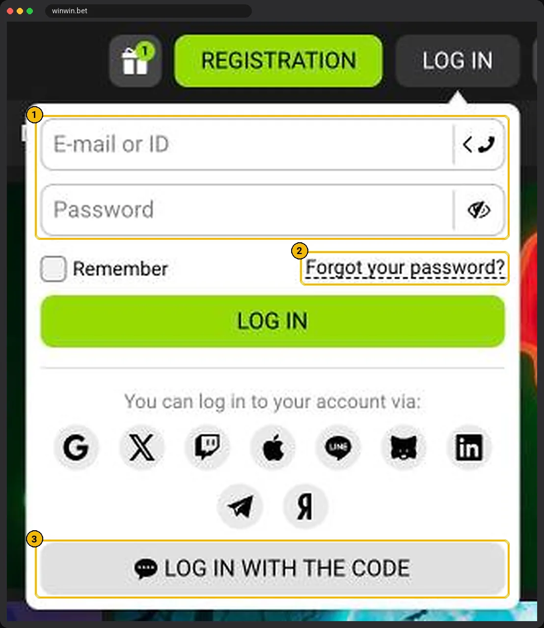 WinWinBet login panel with E-mail or ID, Password, Remember, Forgot your password and Log in with the code