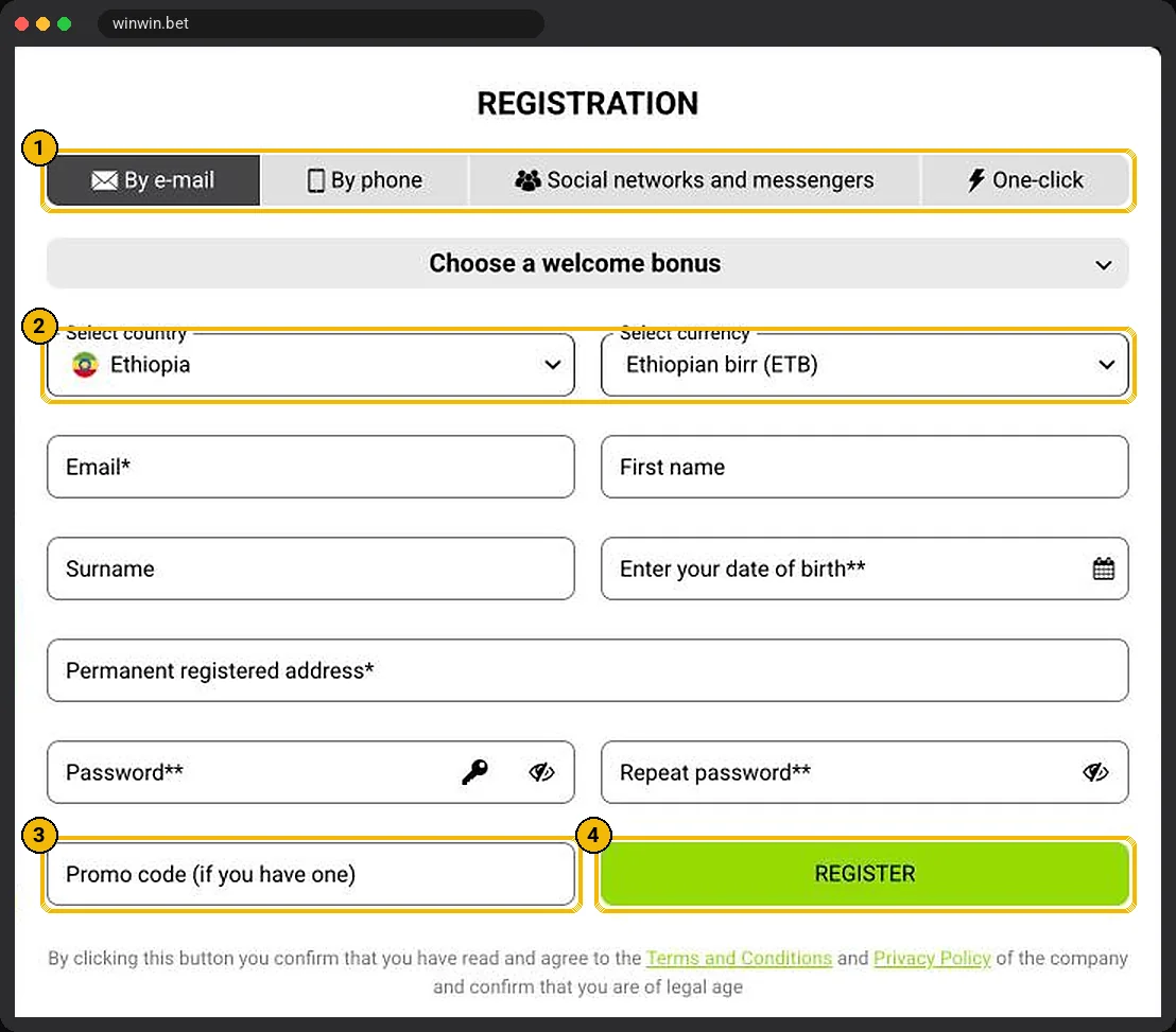 WinWinBet By e-mail registration page with Choose a welcome bonus and Ethiopian birr selected
