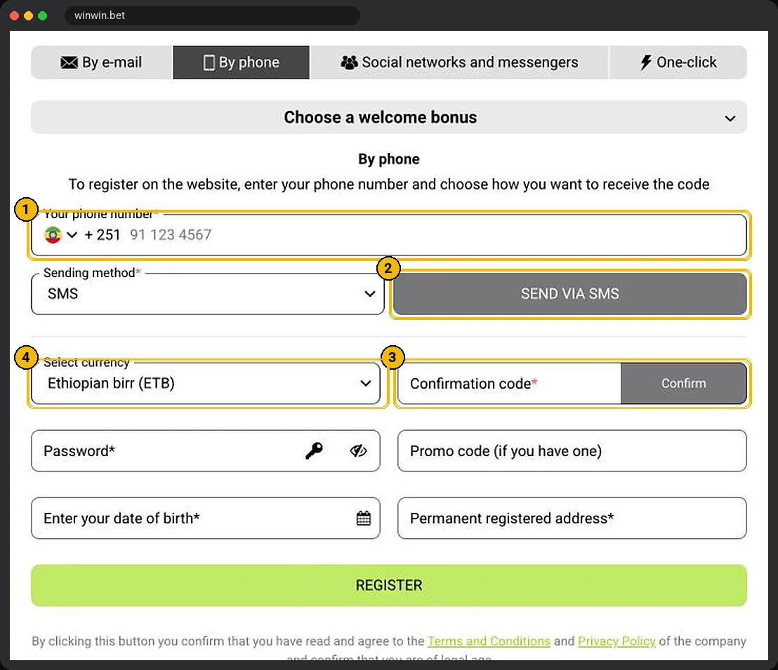 WinWinBet promo code field on the By phone registration form for Ethiopia