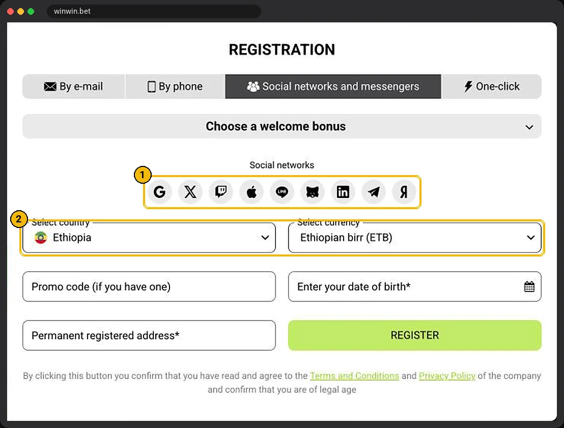 WinWinBet social networks and messengers registration tab with Google, Telegram and Apple buttons